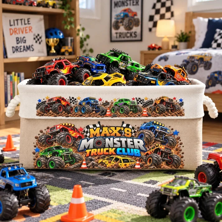 Personalized Monster Truck Cotton Linen Rope Basket, Playroom Toy Storage, Unique Gift for Kids