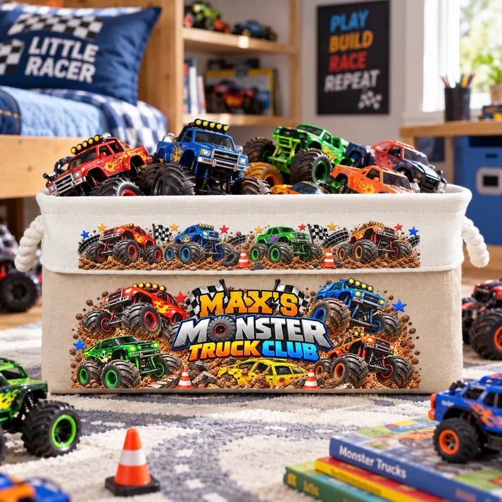 Personalized Monster Truck Cotton Linen Rope Basket, Playroom Toy Storage, Unique Gift for Kids
