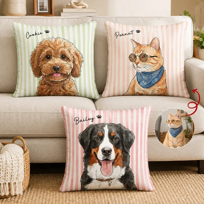 Personalized Square Pillow with Watercolor Pet Portrait and Pastel Stripes, Unique Gift for Dog and Cat Owners