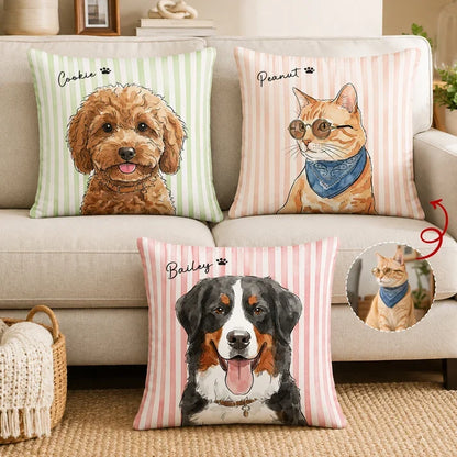 Personalized Square Pillow with Watercolor Pet Portrait and Pastel Stripes, Unique Gift for Dog and Cat Owners