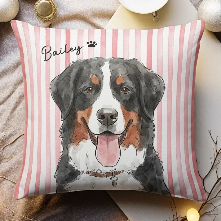 Personalized Square Pillow with Watercolor Pet Portrait and Pastel Stripes, Unique Gift for Dog and Cat Owners
