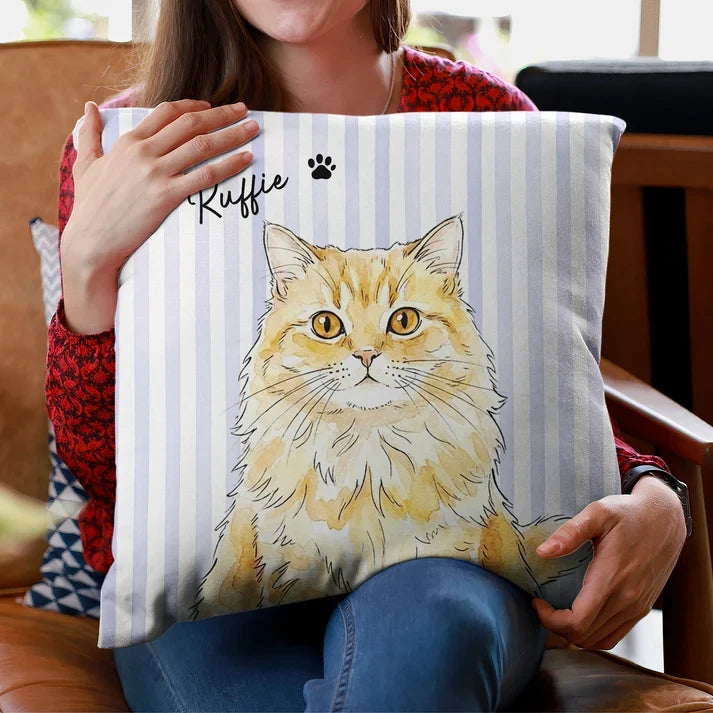 Personalized Square Pillow with Watercolor Pet Portrait and Pastel Stripes, Unique Gift for Dog and Cat Owners