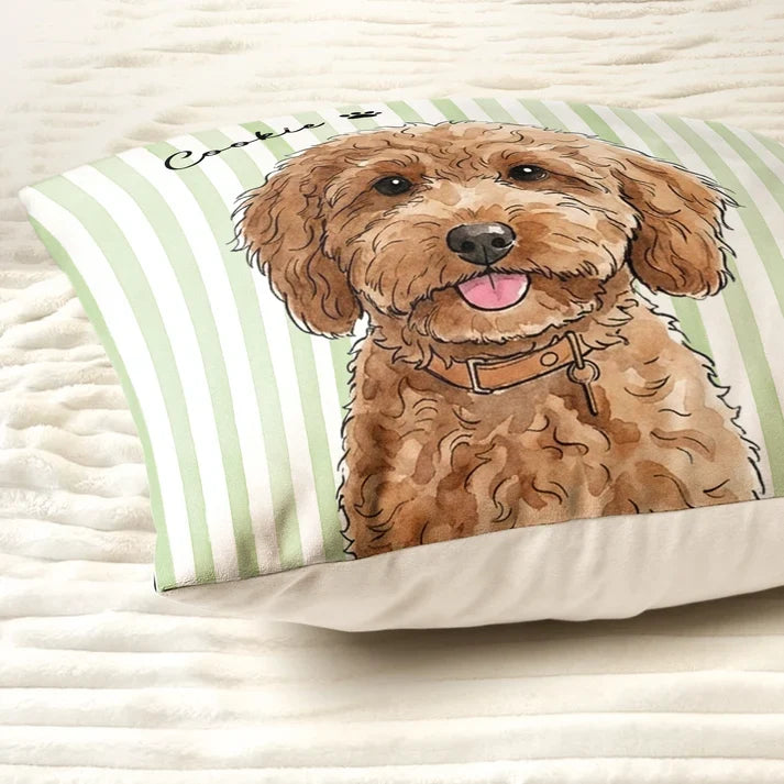 Personalized Square Pillow with Watercolor Pet Portrait and Pastel Stripes, Unique Gift for Dog and Cat Owners
