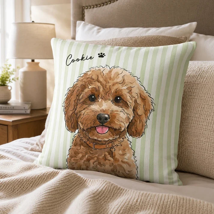 Personalized Square Pillow with Watercolor Pet Portrait and Pastel Stripes, Unique Gift for Dog and Cat Owners