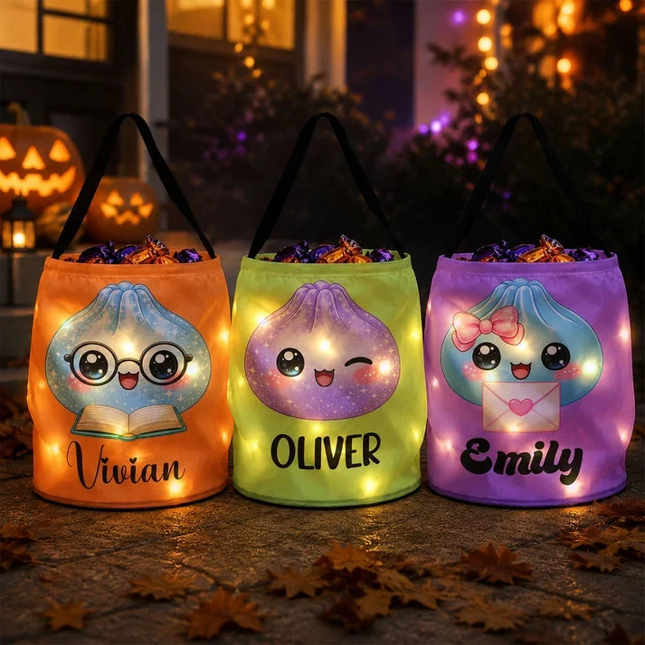 Personalized LED Light Up Fabric Basket, Cute Reading Dumpling Halloween Trick or Treat, Unique Gift for Kids