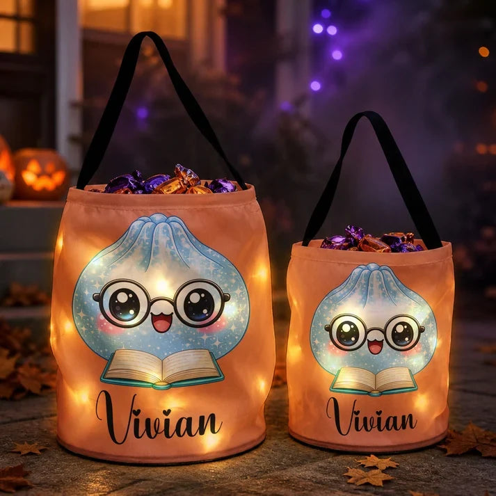 Personalized LED Light Up Fabric Basket, Cute Reading Dumpling Halloween Trick or Treat, Unique Gift for Kids