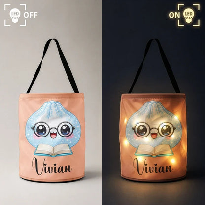 Personalized LED Light Up Fabric Basket, Cute Reading Dumpling Halloween Trick or Treat, Unique Gift for Kids