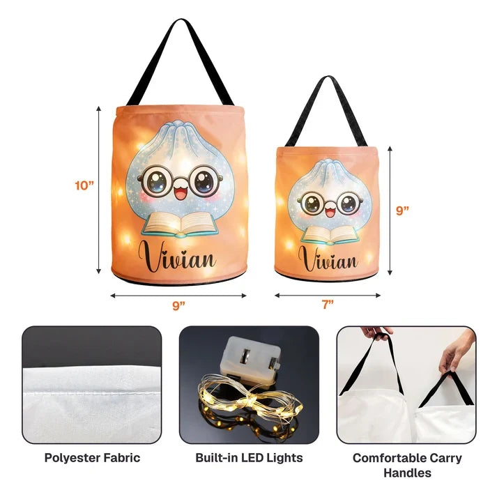 Personalized LED Light Up Fabric Basket, Cute Reading Dumpling Halloween Trick or Treat, Unique Gift for Kids