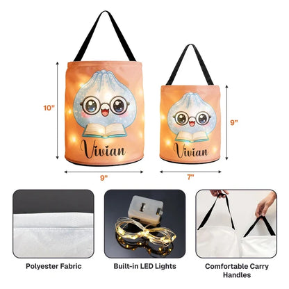 Personalized LED Light Up Fabric Basket, Cute Reading Dumpling Halloween Trick or Treat, Unique Gift for Kids