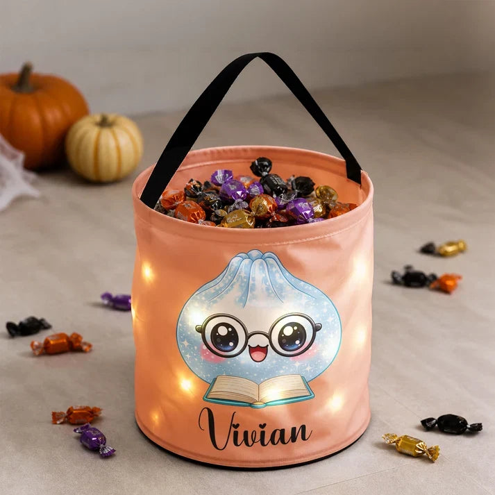 Personalized LED Light Up Fabric Basket, Cute Reading Dumpling Halloween Trick or Treat, Unique Gift for Kids