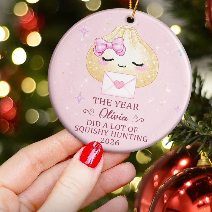Personalized Ceramic Ornament, Cute Pink Dumpling Squishy Hunter, Unique Gift for Kids and Collectors