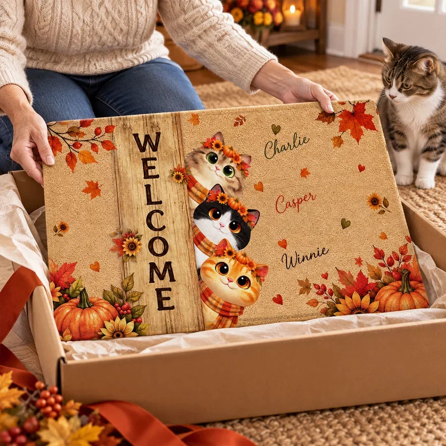 Personalized Fall Cat Standard Doormat, Peeking Cats Bring a Warm Autumn Welcome, Creative Gift for Pet Owners
