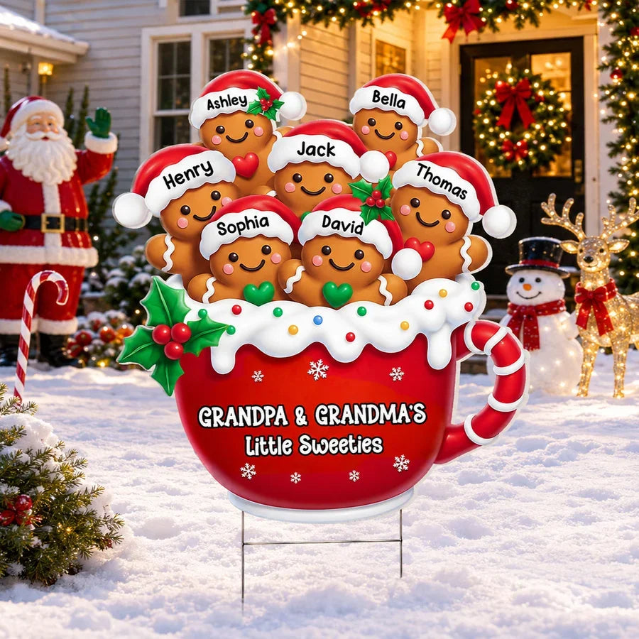 Grandpa & Grandma's Little Sweeties Shaped Yard Sign, Personalized Gingerbread Family, Creative Gift for Grandparents