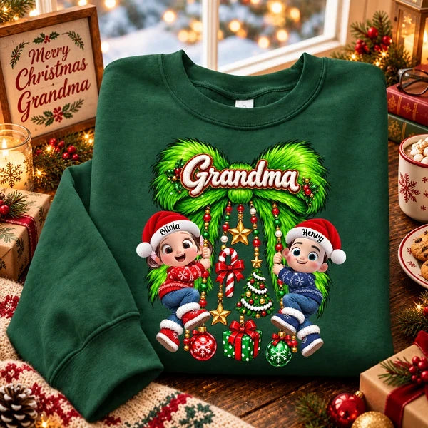 Personalized Sweatshirt with Grandkids on a Green Christmas Bow, Unique Gift for Grandma