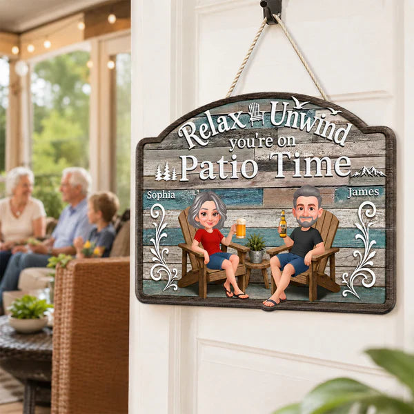 Personalized Wooden Sign, Relax & Unwind Patio Time Couple Cartoon, Unique Gift for Patio Lovers