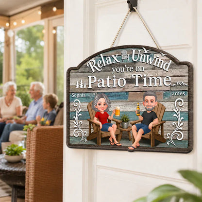 Personalized Wooden Sign, Relax & Unwind Patio Time Couple Cartoon, Unique Gift for Patio Lovers