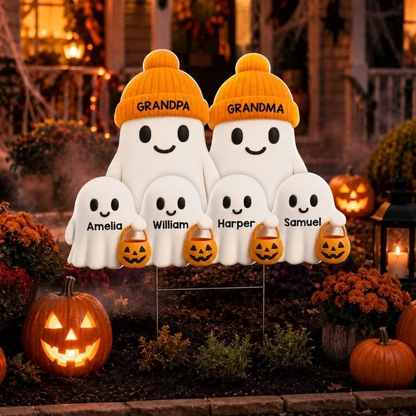 Personalized Shaped Yard Sign, Cute Ghost Family Trick-or-Treating Decor, Unique Halloween Gift for Grandparents