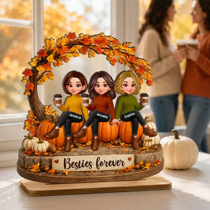 Personalized 2-Layer Wooden Plaque, Sitting Friends With Coffee, Autumn Pumpkin Scene, Unique Gift For Close Friends