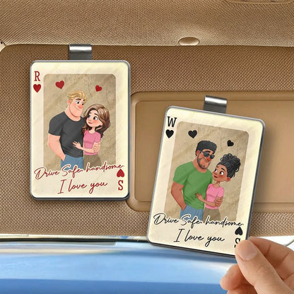 Personalized Acrylic Car Visor Clip Vintage Playing Card Couple Hugging, Drive Safe Handsome I love you, Unique Gift for Him