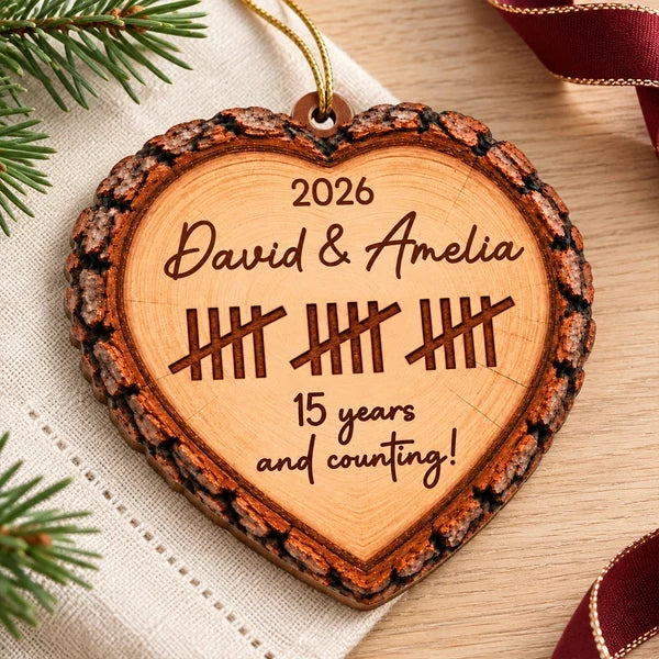Personalized Heart Ornament, Rustic Years and Counting Anniversary Keepsake, Unique Gift for Couples