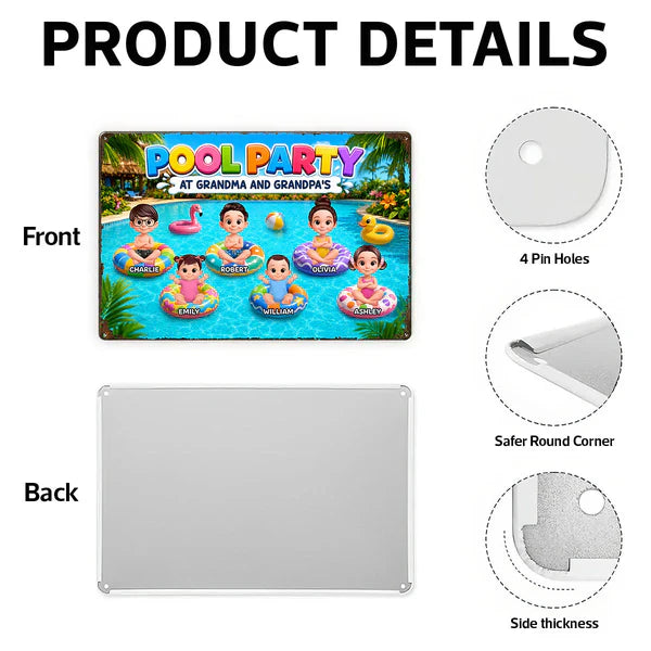 Personalized Rectangular Iron Sign, Pool Party With Cartoon Kids On Floats, Unique Gift For Grandparents