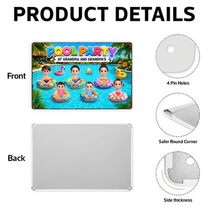 Personalized Rectangular Iron Sign, Pool Party With Cartoon Kids On Floats, Unique Gift For Grandparents