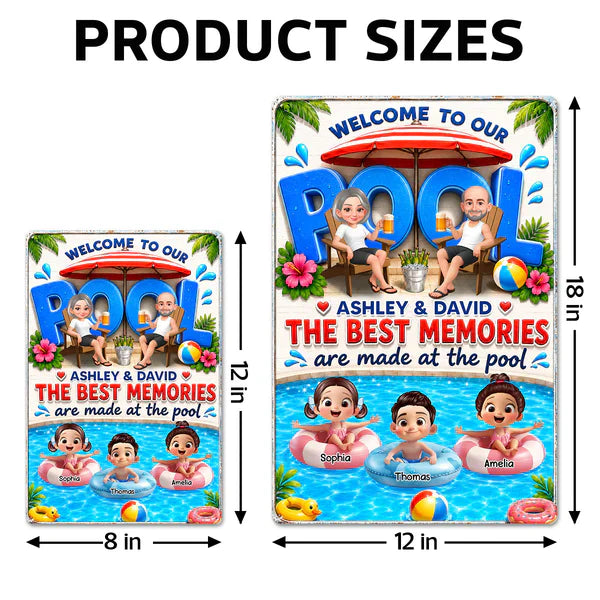 Personalized Rectangular Iron Sign, Cartoon Grandparents & Grandkids Pool Decor, Unique Gift