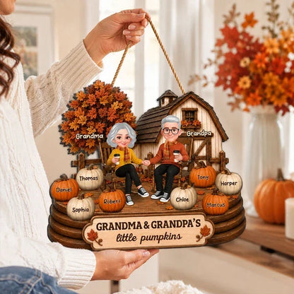 Personalized Wooden Sign, Grandparents Holding Hands on an Autumn Porch, Unique Gift for Grandma & Grandpa