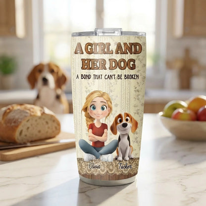 Insulated Travel Tumbler Personalized as a One-of-a-Kind Gift, Cute Girl Sitting with Her Dog, Warm Vintage Style for Daily Coffee