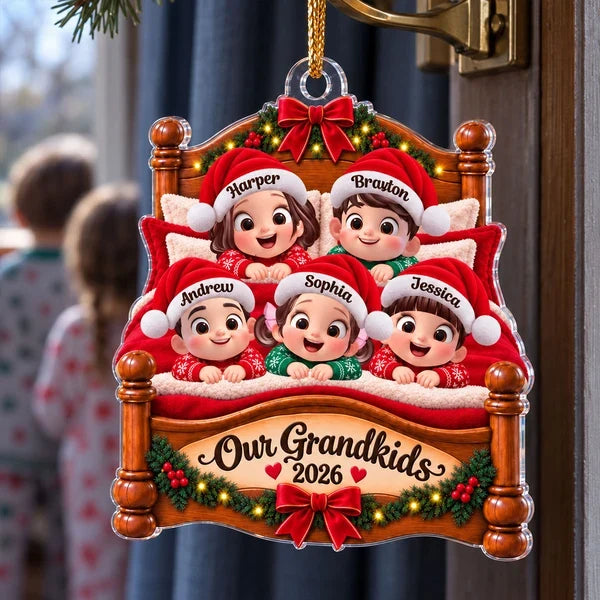 Personalized Acrylic Ornament with Smiling Grandkids in a Christmas Bed, Unique Keepsake Gift for Grandma & Grandpa