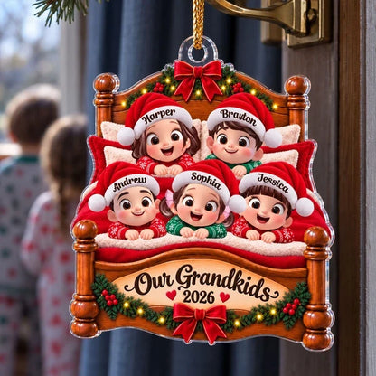 Personalized Acrylic Ornament with Smiling Grandkids in a Christmas Bed, Unique Keepsake Gift for Grandma & Grandpa
