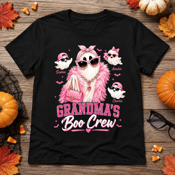 Personalized Classic Tee With Glam Ghost Grandma's Boo Crew, Unique Halloween Gift for Grandma