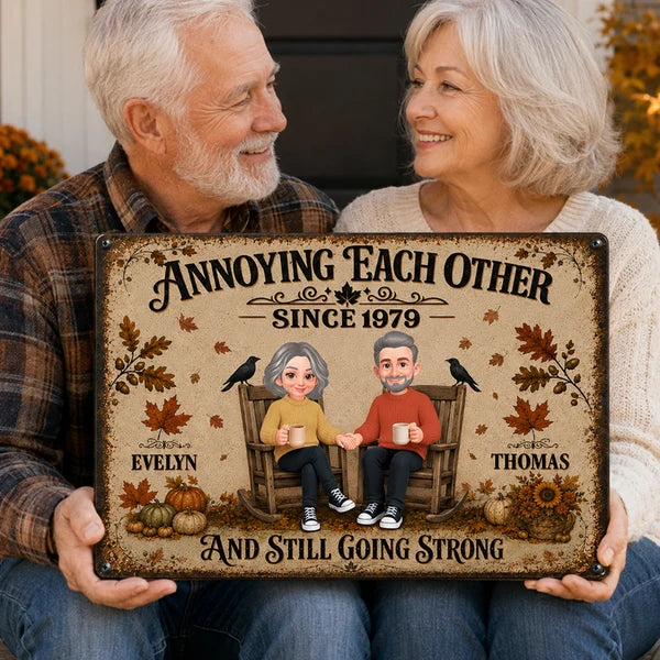 Personalized Rectangular Iron Sign, Retro Couple Holding Hands in Fall, Unique Anniversary Gift for Her or Him