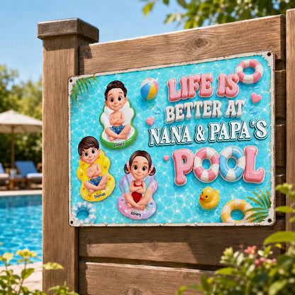 Personalized Rectangular Iron Sign, Kids on Pool Floats, Unique Gift for Nana & Papa's Pool