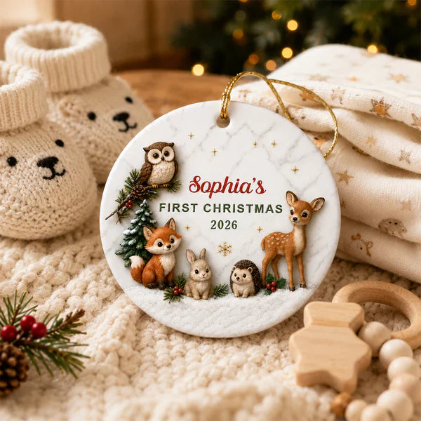 Ceramic Ornament, Personalized First Christmas Woodland Animals, Unique Gift for Baby & Family