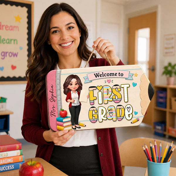 First Grade Wooden Sign With Standing Teacher Cartoon, Personalized Classroom Decor, Unique Teacher Gift