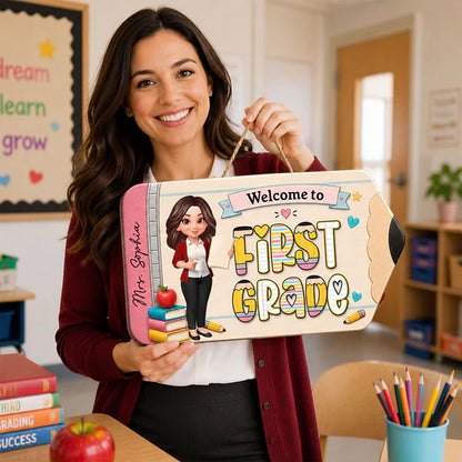 First Grade Wooden Sign With Standing Teacher Cartoon, Personalized Classroom Decor, Unique Teacher Gift