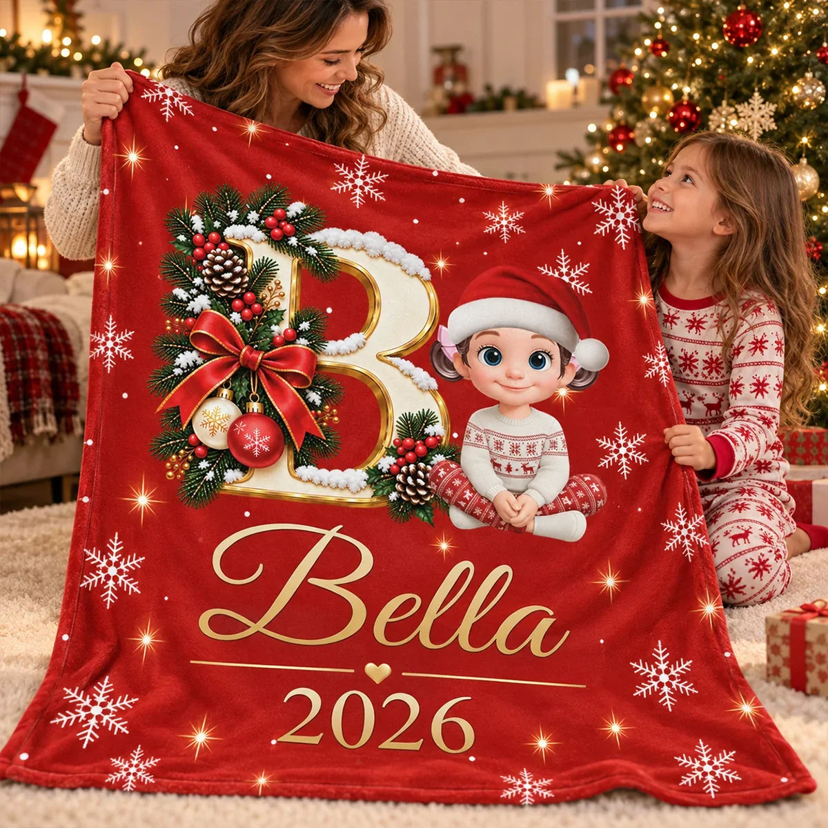Personalized Fleece Blanket, Custom Christmas Keepsake Held by Mother and Daughter, Unique Gift for Kids