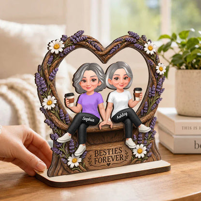 Personalized 2-Layer Wooden Plaque with Sitting Friends, Lavender Heart, Unique Gift for Besties