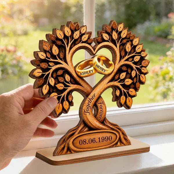 Personalized 2-Layer Wooden Plaque With Heart Tree & Rings, Unique Anniversary Gift For Couples