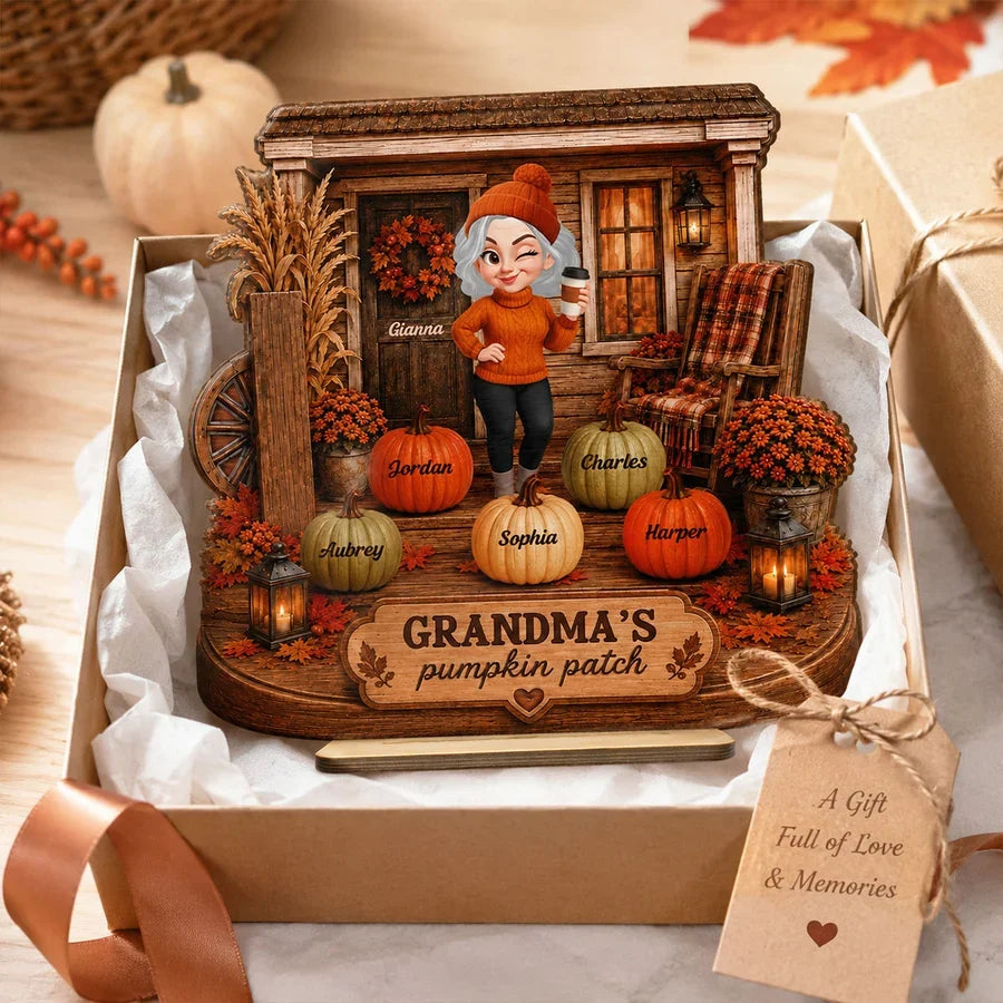 Personalized Wooden Plaque, Grandma Holding Coffee on a Cozy Autumn Porch, Unique Family Gift