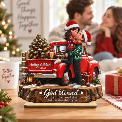 Personalized 2-Layer Wooden Plaque, Kissing Couple by a Red Truck, Unique Christmas Gift for Couples