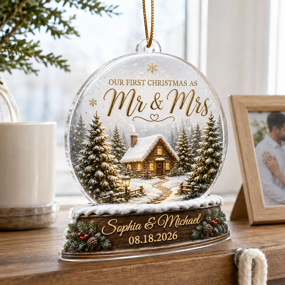 Our First Christmas as Mr & Mrs Personalized Acrylic Ornament, Creative Gift for Newlyweds with Snowy Cabin