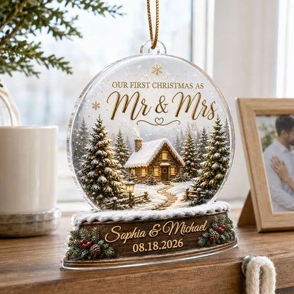 Our First Christmas as Mr & Mrs Personalized Acrylic Ornament, Creative Gift for Newlyweds with Snowy Cabin