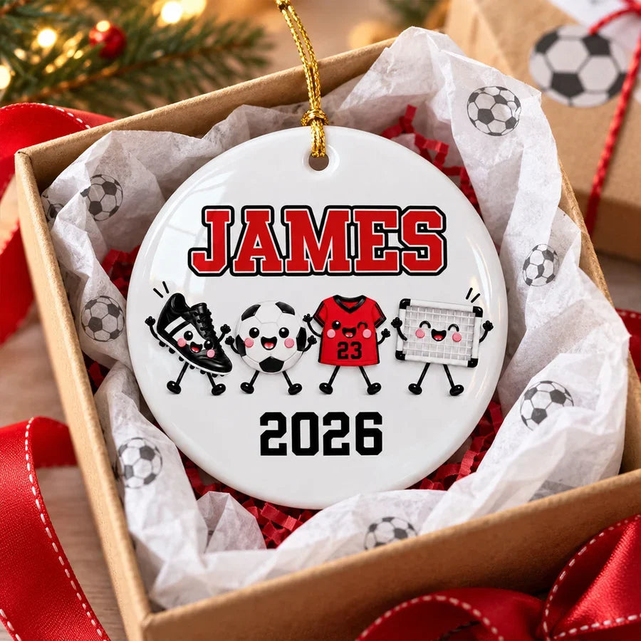 Personalized Soccer Ceramic Ornament, Cute Red Team Gear Christmas Keepsake, Unique Gift for Players & Fans