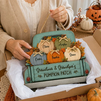 Personalized Wooden Sign with Vintage Pumpkin Truck & Autumn Leaves, Heartwarming Decor, Creative Gift for Grandparents
