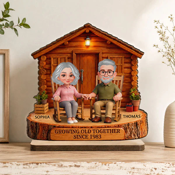 Growing Old Together 2-Layer Wooden Plaque, Couple Holding Hands at Cabin, Creative Anniversary Gift