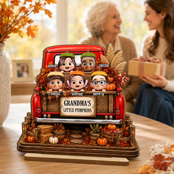 Personalized 2-Layer Wooden Plaque For Grandma, Grandkids Peeking In Fall Truck, Unique Creative Gift