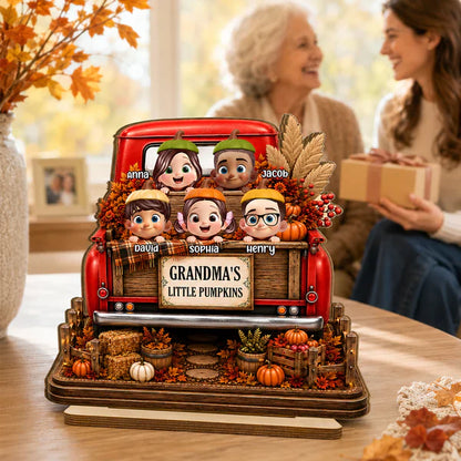 Personalized 2-Layer Wooden Plaque For Grandma, Grandkids Peeking In Fall Truck, Unique Creative Gift
