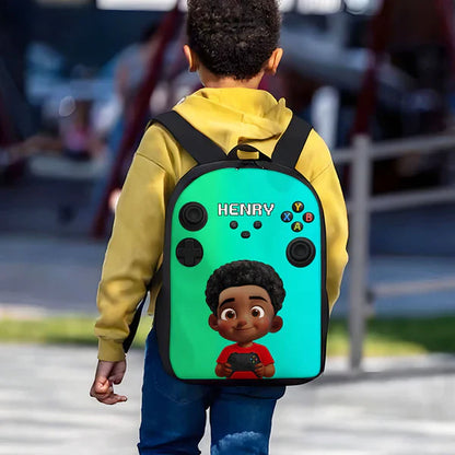 Personalized Kids School Backpack, Blue & Red Gamer Cartoon Boy Holding Controller, Unique Gift for Kids